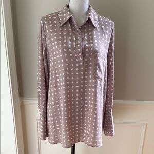 Pleione Women L Tan Beige Popover Blouse Polka Dot